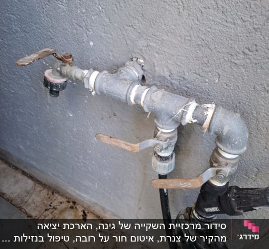 ברזי מים עם צינורות ומחברים על קיר חיצוני